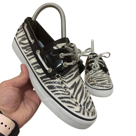 Sperry Top-Sider Boat Shoes Women’s 6 Zebra Sequin Patent Leather Trim - Picture 1 of 10